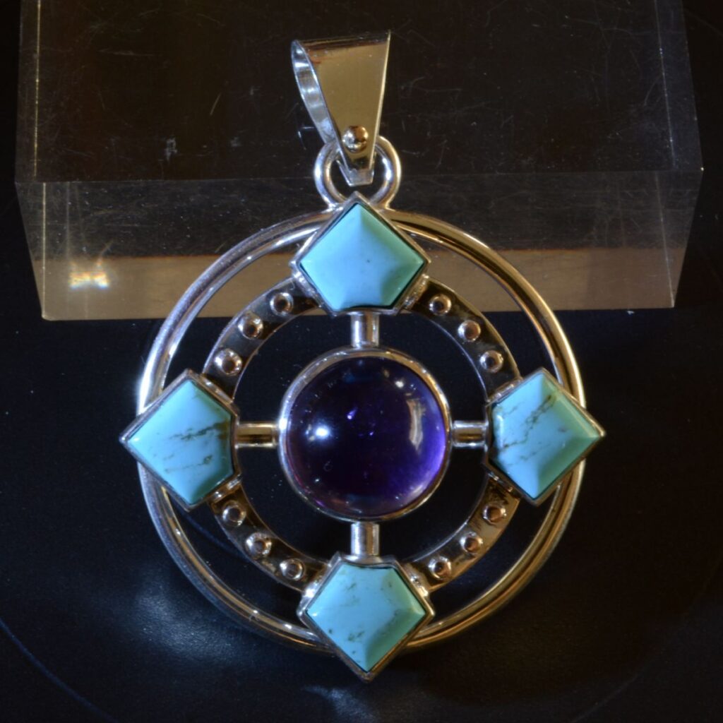 Handcrafted sterling silver turquoise and amethyst pendant by Alice Walker Goldsmith